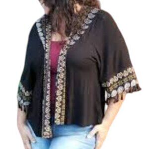 Anthropologie W5 black open front fringed kimono sleeve cardigan size M